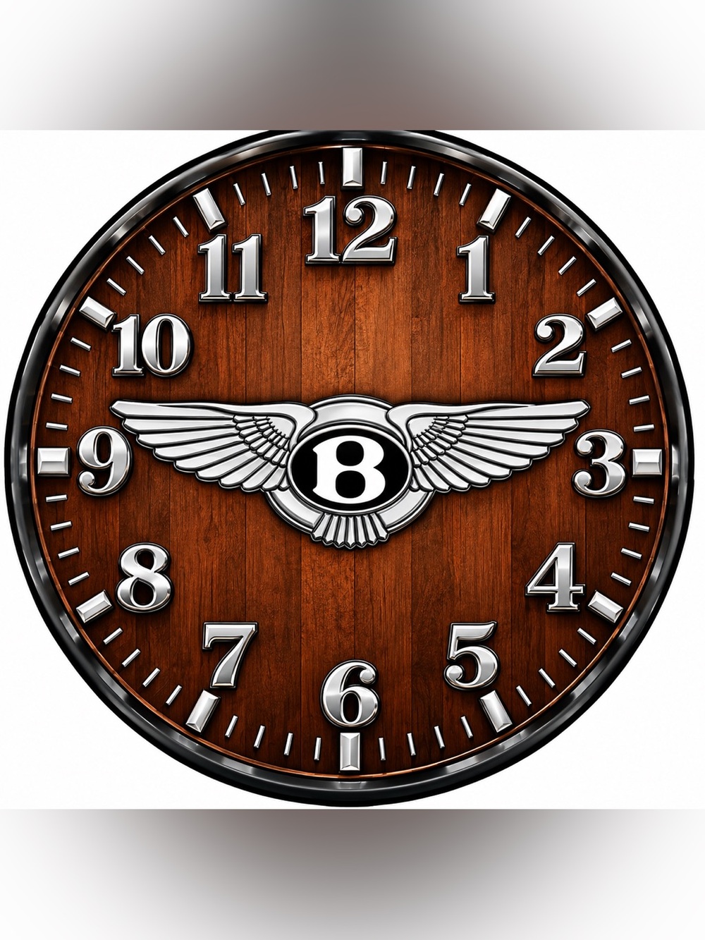 Bentley-Style Brown Wood 9”Wall Clock with Chrome Accents